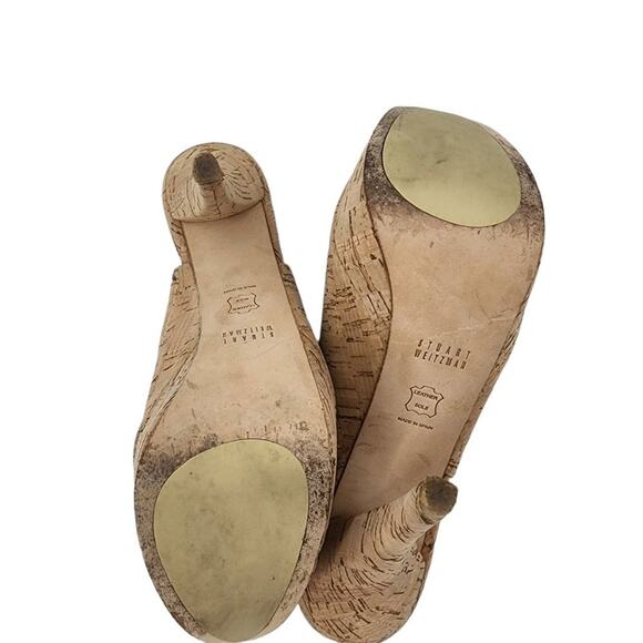 Stuart Weitzman Cork Leather Ankle Strap Slingback Platform Heel Size 8.5M - Picture 3 of 7